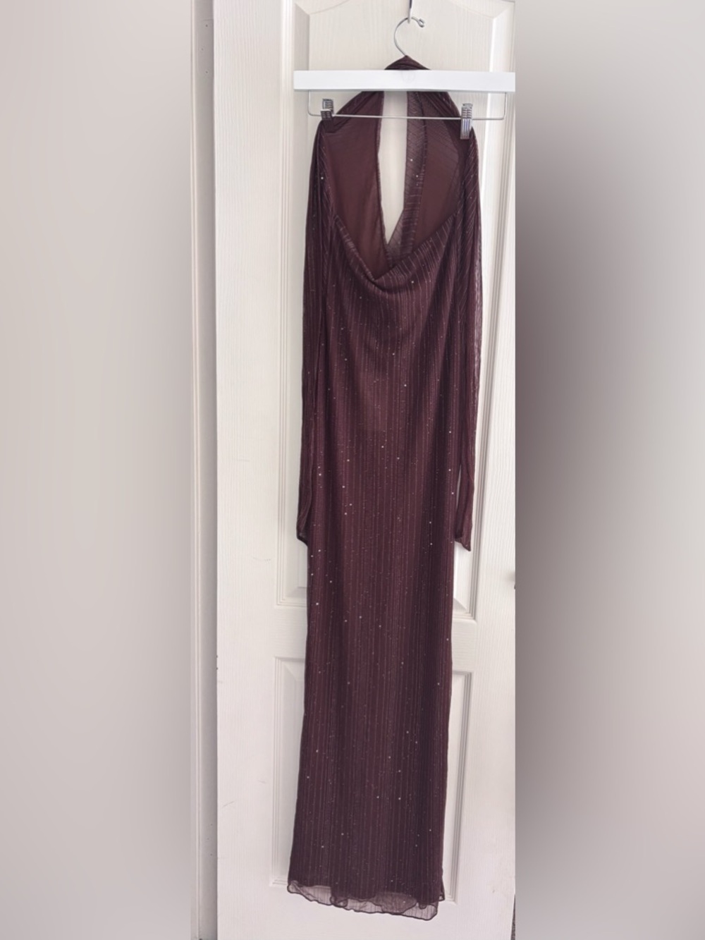Peppermayo Chocolate Brown Beaded Backless Halter Gown - Picture 3 of 5